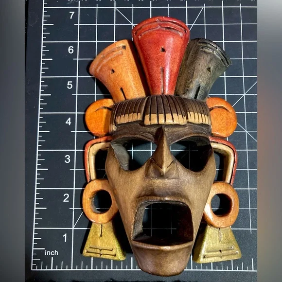 Hand Carved Mayan Wood Mask Aztec Incan Tribal Primitive Wall Decor - Picture 2 of 12